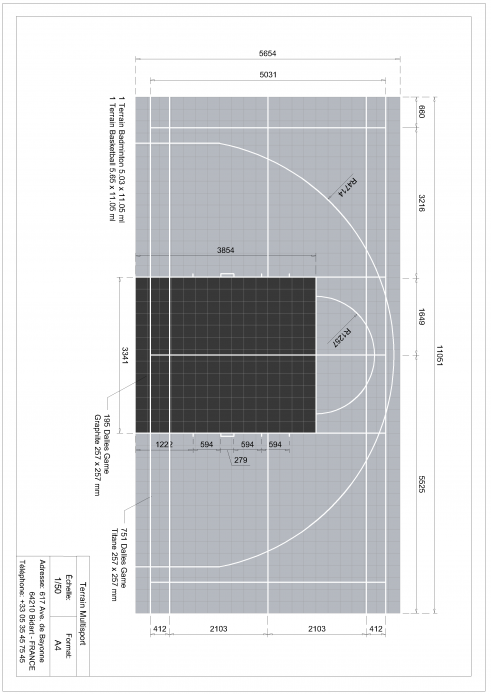 Plan terrain multisports basket et badminton 11x5,5m