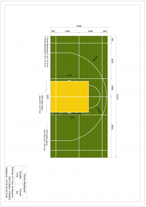 Plan terrain multisports basket et badminton 13x6m