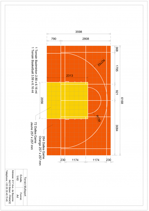 Plan terrain multisports basket et badminton 6x3,5m