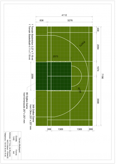 Plan terrain multisports basket et badminton 7x4m