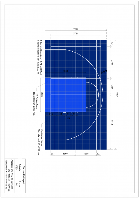 Plan terrain multisports basket et badminton 8x4,5m