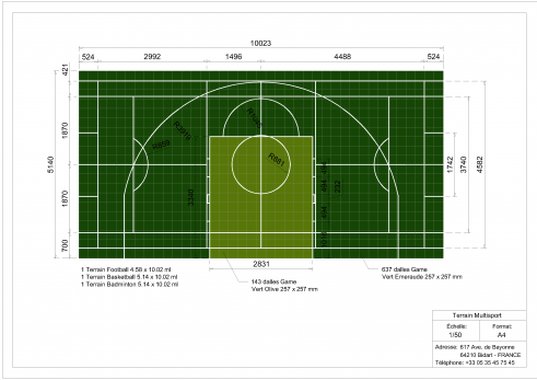Plan terrain multisports basket foot et badminton 10x5m