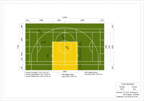 Plan terrain multisports basket foot et badminton 12x7m