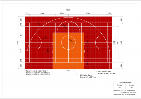 Plan terrain multisports basket foot et badminton 13,5x8m