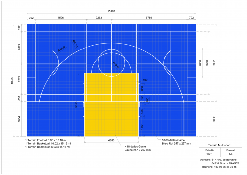 Plan terrain multisports basket foot et badminton 15x10m