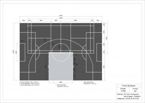 Plan terrain multisports basket foot et badminton 16,5x11,5m