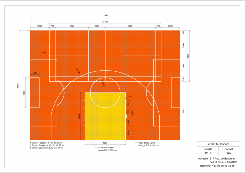 Plan terrain multisports basket foot et badminton 18x13m