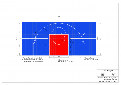 Plan terrain multisports basket foot et badminton 9x4m