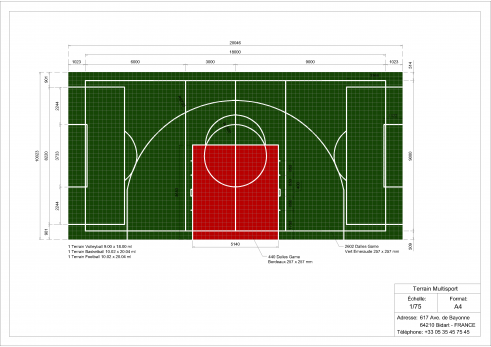 Plan terrain multisports basket foot et volley 10x20m