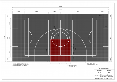Plan terrain multisports basket foot et volley 12x24m