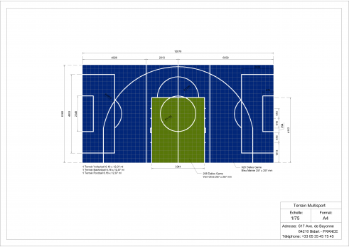 Plan terrain multisports basket foot et volley 6x12m