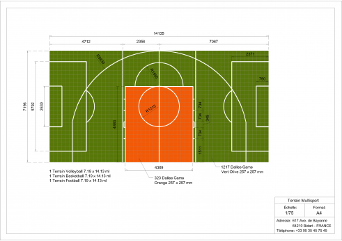 Plan terrain multisports basket foot et volley 7x14m