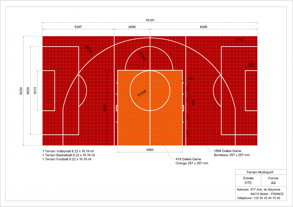 Plan terrain multisports basket foot et volley 8x16m