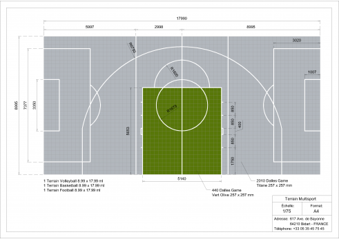 Plan terrain multisports basket foot et volley 9x18m