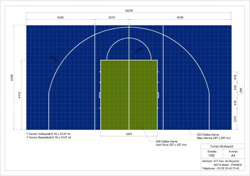 Plan terrain multisports basket et volley 6x12m